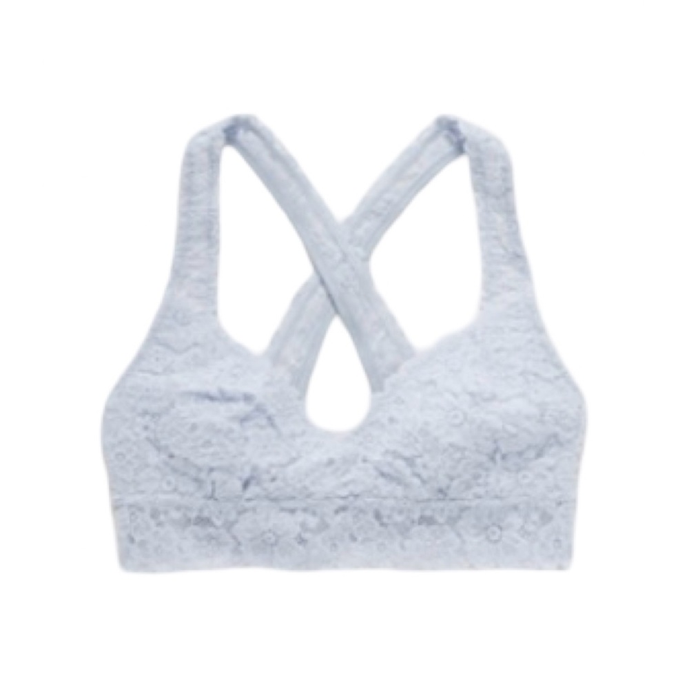 aerie lace cross-back bralette in light blue / eyelet blue color